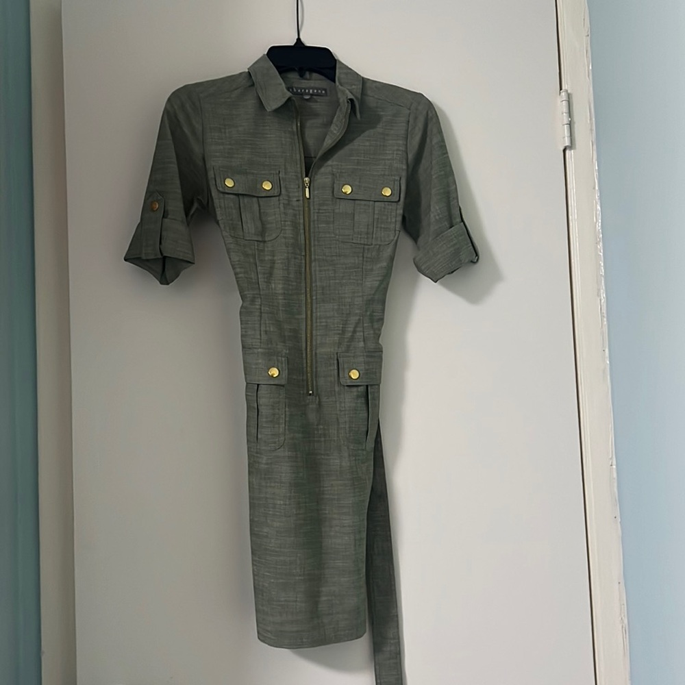 Green Zipper Dress with Gold Buttons